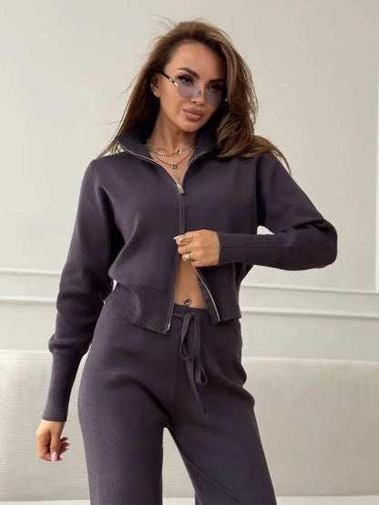 Blubelle Women's New Autumn Winter Zip Up Knit Set Trendy Slim Fit Cardigan Pants Chic Commuting Sweater Outfit