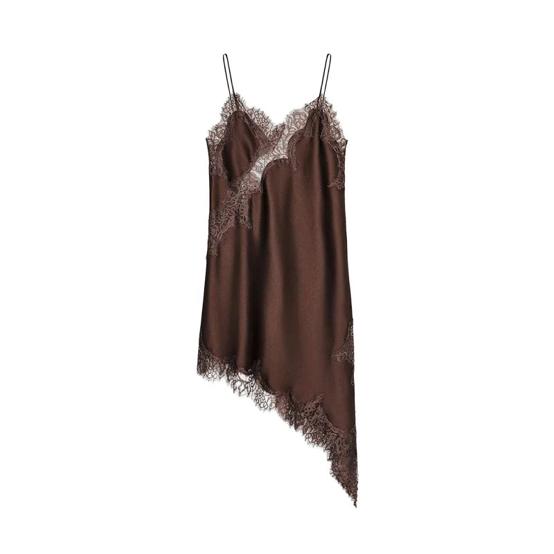 Sexy Satin Sexy Lace Spliced Sling Dress Women V-neck Sleeveless Backless Asymmetric Party Dresses 2025 Summer Vestidos