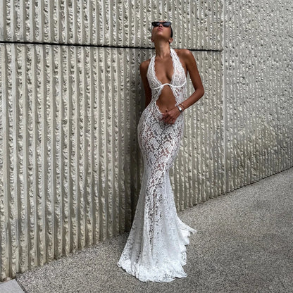 White Lace Hollow Out Halter Long Dress Women Sexy Sleeveless Off Shoulder Slim Maxi Dresses 2026 Lady Holiday Beach Vestidos