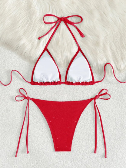 Shiny Sparkling Halter Strappy Bikini 2025 High Cut Bikinis Female Swimsuit Women Swimwear Two-pieces Bikini Set Bathing Suit