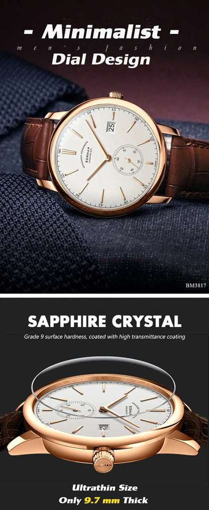 BORMAN Luxury Mens Automatic Mechanical Watch Rose Gold Case Sub Dial Sport Watches Genuine Leather High Quality Gentleman Clock