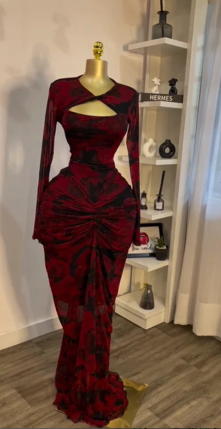 CM.YAYA Women Draped V-neck Cutout Front Ruched Stacked Bodycon Midi Long Maxi Dress 2025 Night Club Party Vestidos Sexy Dresses