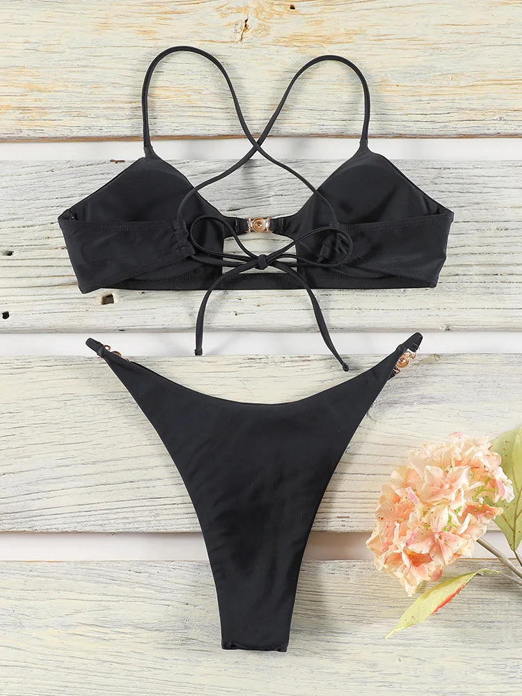 Miyouj Bandage Swimwear Summer Swimsuit High Cut Bikini Set Solid Sexy 2-Piece Suit New Bathsuit Hollow Out Thongs Beachwear