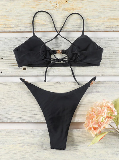 Miyouj Bandage Swimwear Summer Swimsuit High Cut Bikini Set Solid Sexy 2-Piece Suit New Bathsuit Hollow Out Thongs Beachwear
