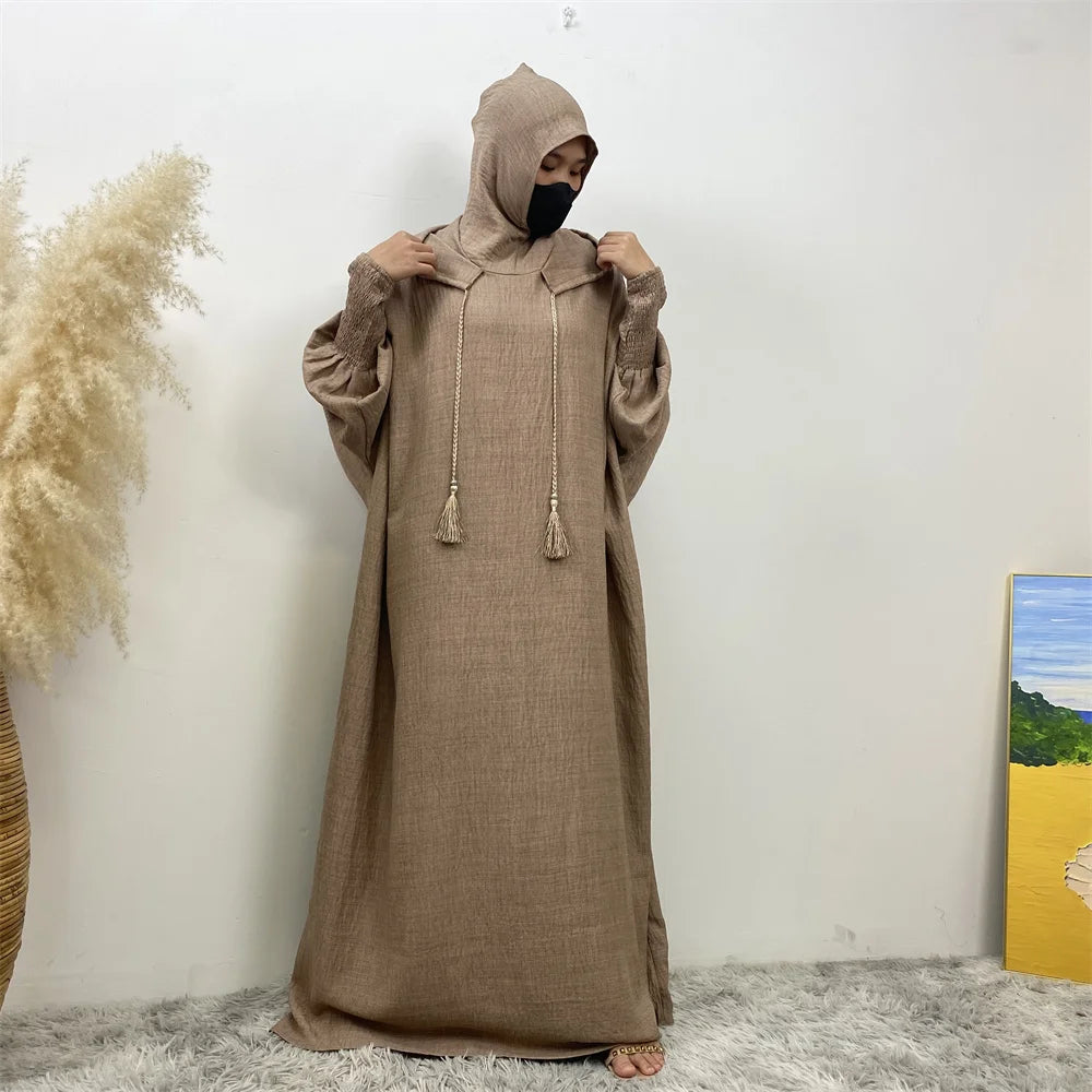 Hot Seller Ramadan Islamic Clothing Wrinkle Polyester Hoodie Abaya Dress With Undercap Muslim Women Abaya Hoodie Causal Dresses