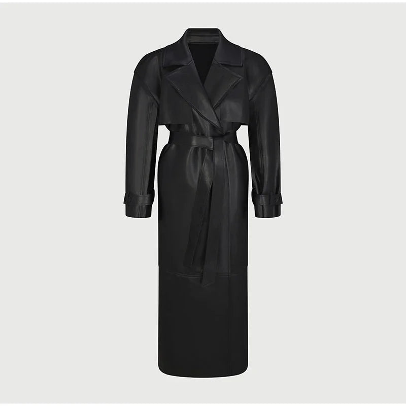 Street Pu Leather Women Long Coat Y2K Solid Belt Lapel Pocket Full Sleeve Female Jacket 2025 Autumn Winter Lady Outwear New