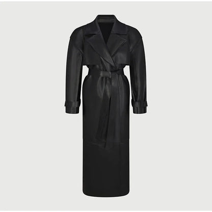 Street Pu Leather Women Long Coat Y2K Solid Belt Lapel Pocket Full Sleeve Female Jacket 2025 Autumn Winter Lady Outwear New