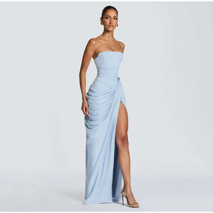 Lady Sexy Strapless Split Solid Pleated Dress Women Chic Backless High Waist Off-shoulder Dresses 2026 New Evening Party Gowns