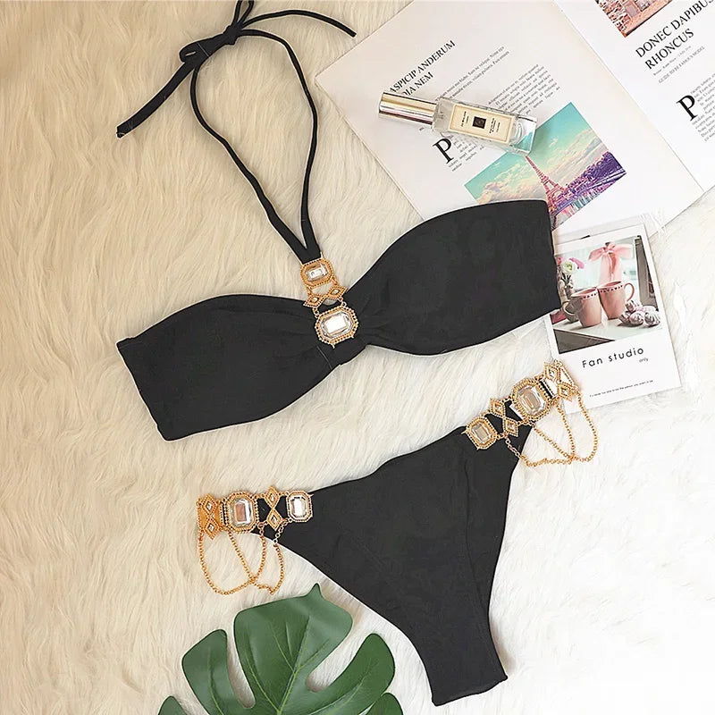 2026 Shiny Rhinestone Diamond Bikini Women Swimsuit Female Swimwear Two Pieces Bikini Set Halter Metal Chains Bathing Suit Swim