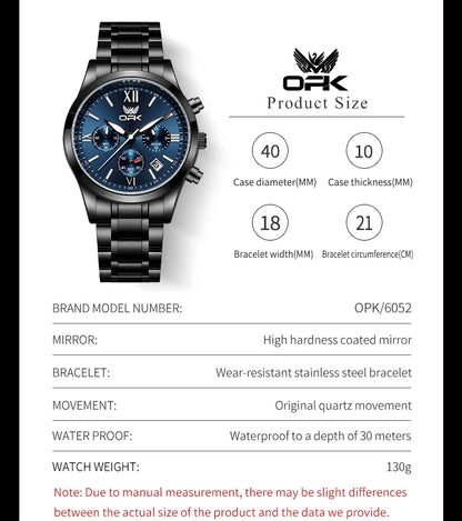 OPK 6052 Chronograph Quartz Wristwatch Original Steel Strap Waterproof Luminous Calendar Fashion Elegant Men's Business Watches