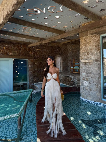 Women Fashion Off Shouler Tassels Long Skirt Set Sexy To Foots White Dresses Set Party Gown Clothing Female Beachwear Getways