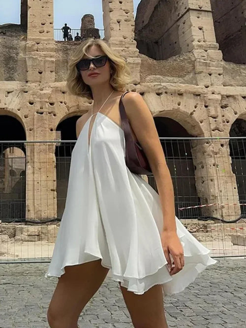 Sexy White Halter Backless Short Dresses Back Lace Up Tie-Waist Sexy Summer Beach Party High-Street Mini Dress Vestido For Woman