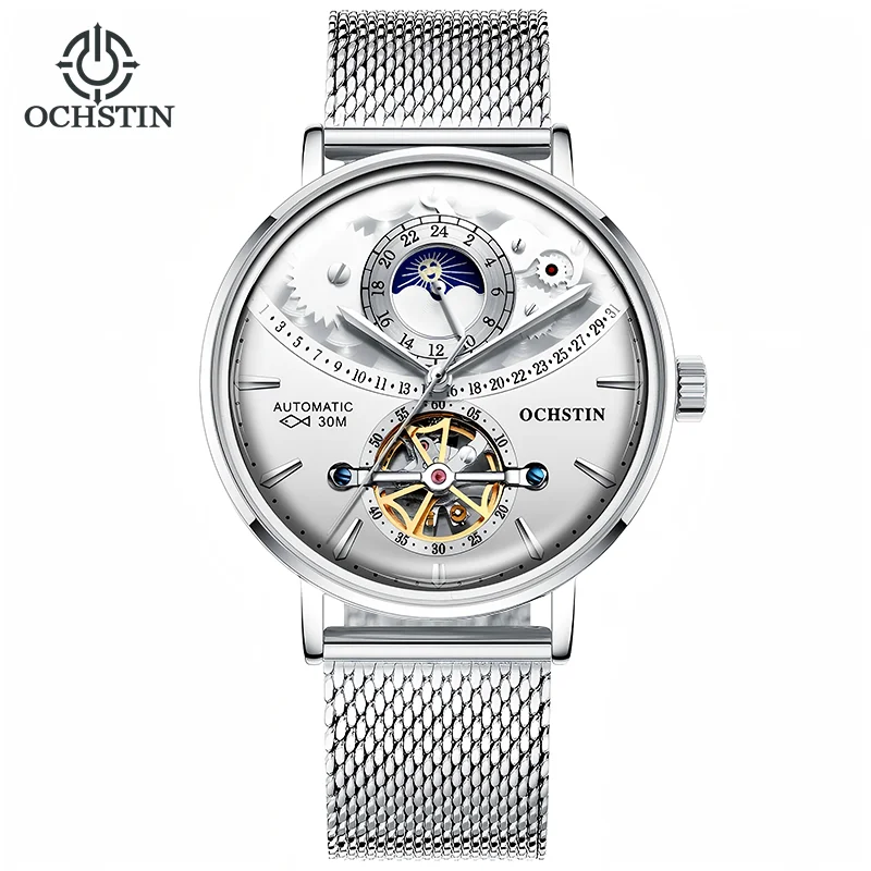 OCHSTIN Men's Stainless Steel Mesh Bracelet Watches Man High-Grade Cooktop Glass Skeleton Mechanical Flying Tourbillon Watch