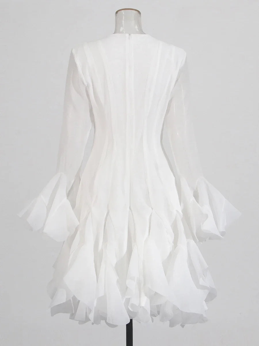 VGH Sweet Ruffles Elegant Knee Length Dresses for Women Round Neck Flare Sleeve High Waist Spliced Button  A Line Dress Female