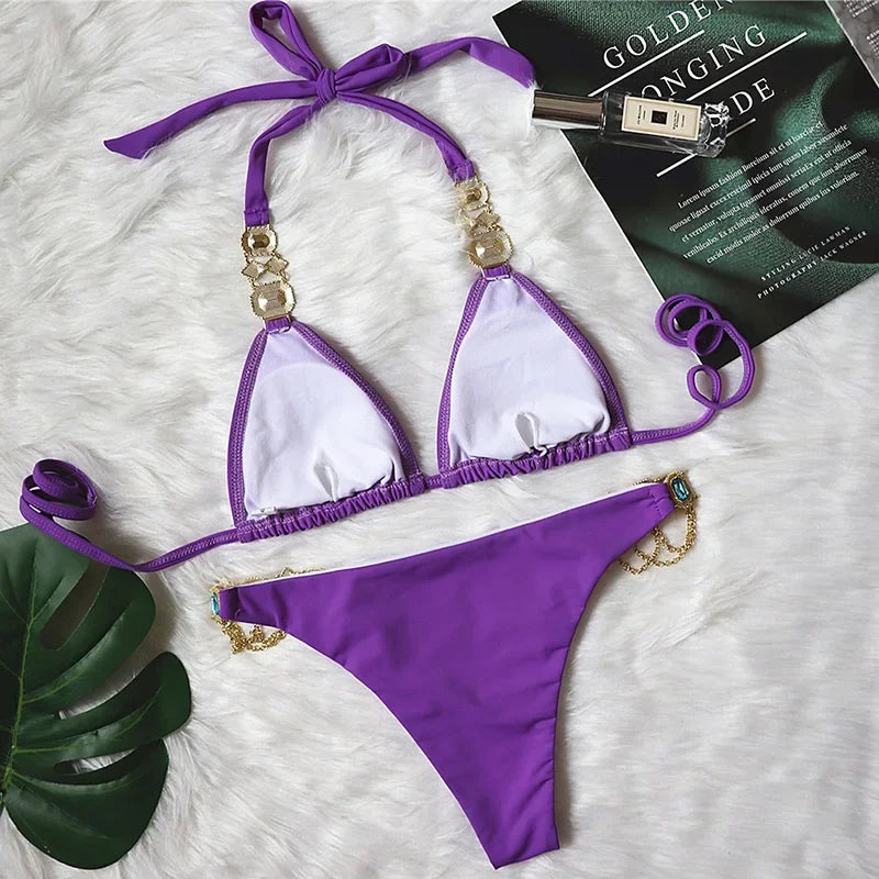 2026 Shiny Rhinestone Diamond Bikini Women Swimsuit Female Swimwear Two Pieces Bikini Set Halter Metal Chains Bathing Suit Swim
