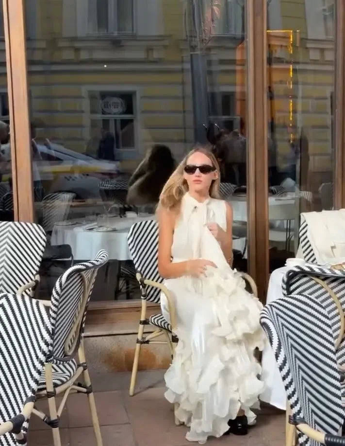 Elegant Ruffle V-neck Maxi Dress Women Chic Lapel Pleated Sleeveless High Waist Dresses Fashion 2025 Summer Lady Vacation Robes