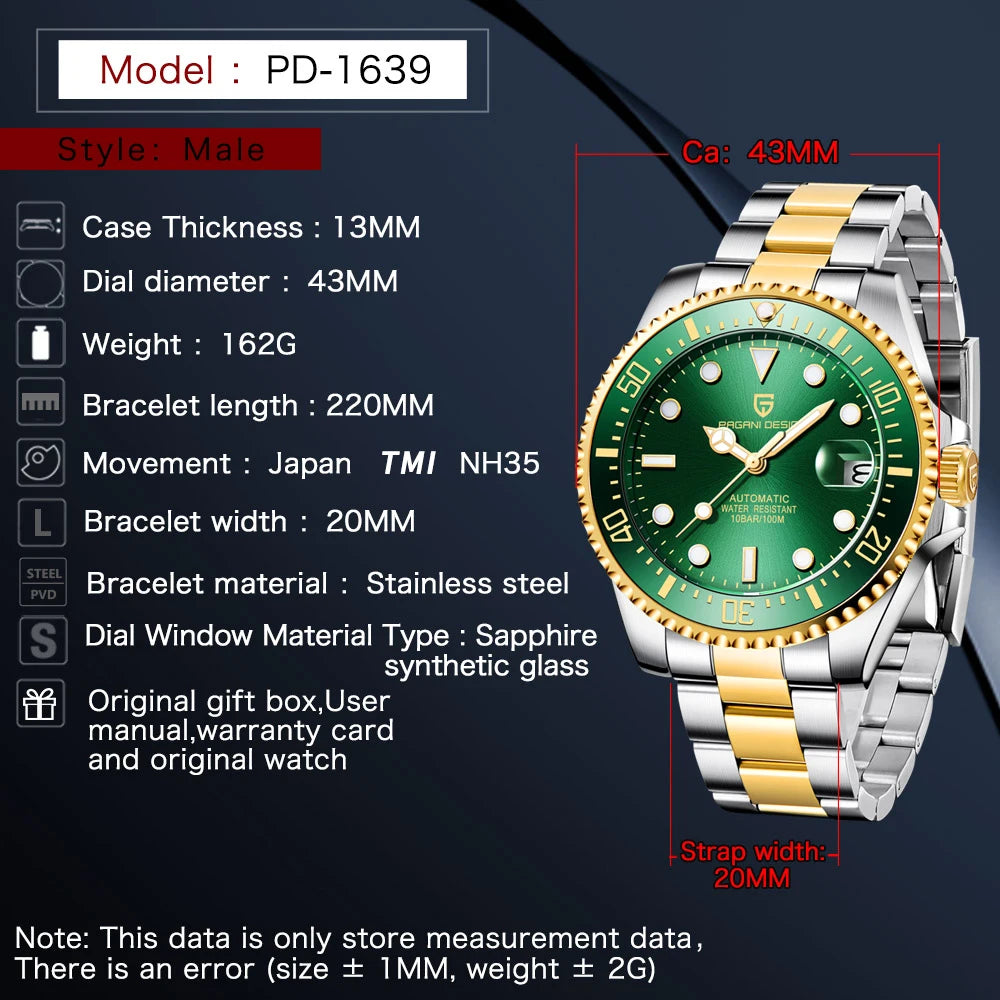 PAGANI DESIGN Watches Luxury Golden Mechanical Watch For Men New Sapphire Crystal Stainless Steel Luxury Waterproof  Men's Watch
