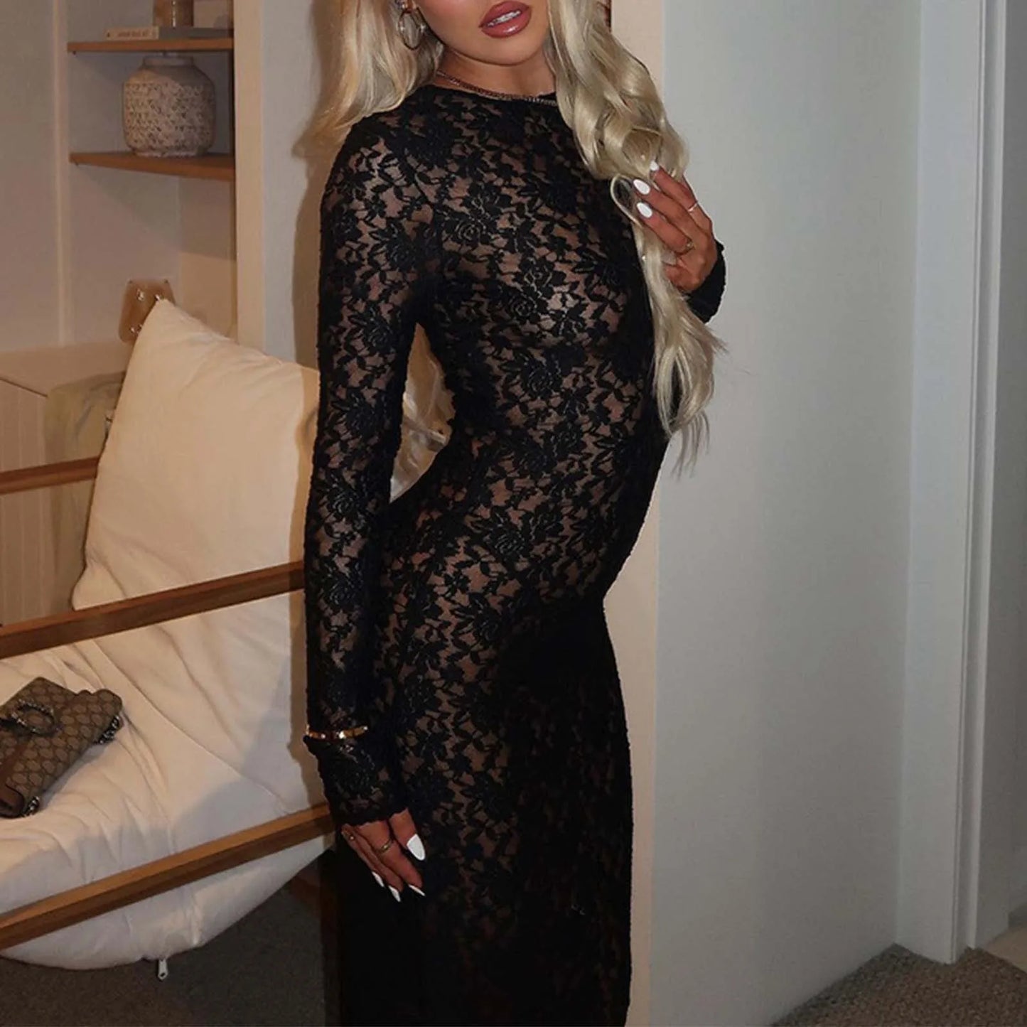 Sexy Women'S Summer O-Neck Long Sleeve Hollow Out White Lace Dress Streetwear Elegant See-Through Bodycon Black Party Dresses