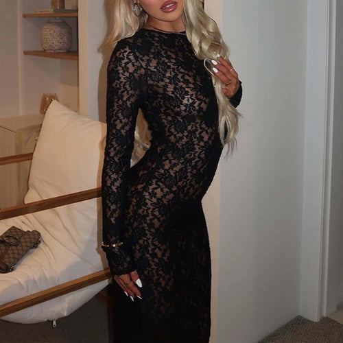 Sexy Women'S Summer O-Neck Long Sleeve Hollow Out White Lace Dress Streetwear Elegant See-Through Bodycon Black Party Dresses
