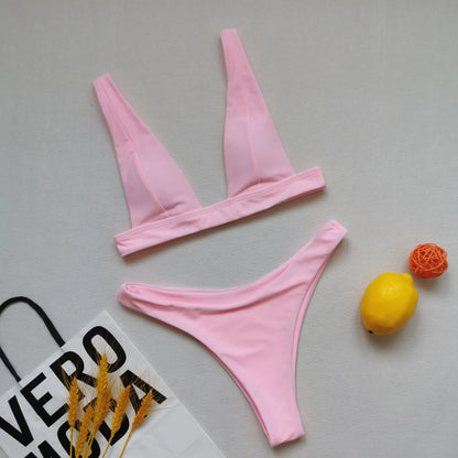 2023 New Sexy Solid Bikini Women V-neck Swimwear Two Pieces Swimsuit Female Low Waist Bikini Set Brazilian Bathing Suit Bathers