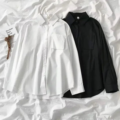 Japanese Style Loose Long Sleeve White Shirts Women Preppy Style Pocket Turn Down Collar Shirt Woman Harajuku Oversized Blouse