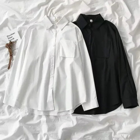 Japanese Style Loose Long Sleeve White Shirts Women Preppy Style Pocket Turn Down Collar Shirt Woman Harajuku Oversized Blouse