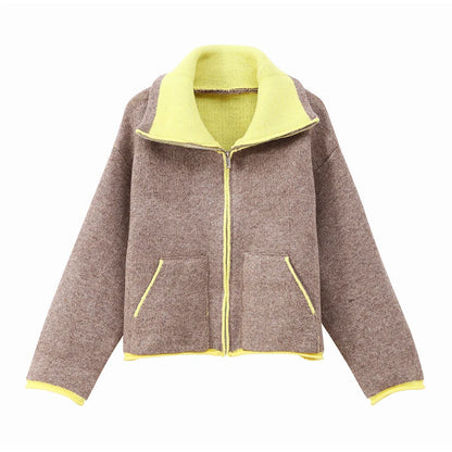 Fashion Contrasting Knitted Cardigan for Women Elegant Long Sleeve Pockets Zipper Sweater 2026 Spring Street Lady Chic Outwear