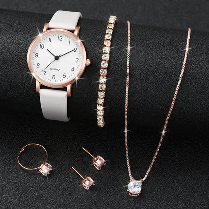5/6PCS Fashion Women's Quartz Watch Leather Band Analog Quartz Watches with Diamond Jewelry (Without Box)
