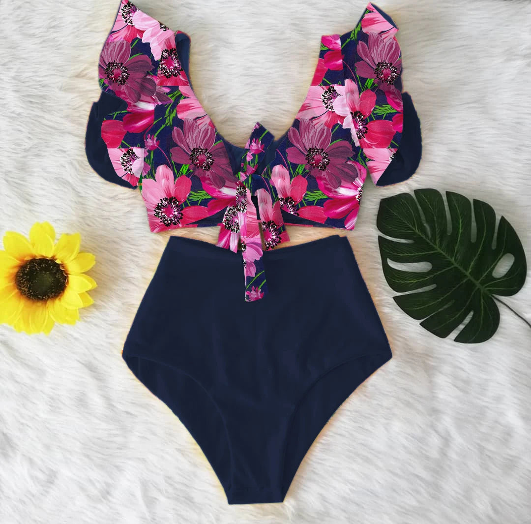High Waist Ruffled Sexy Bikini Set 2025 Flounce Biquini Swimwear Women Two Pieces Swimsuit Floral Beachwear V-Neck Bathing Suit