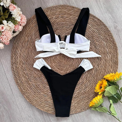 2025 Solid Thong Brazilian Bikinis Swimwear Women Swimsuit  Black White Bikini Set Bathing Suit Female Summer Beach Wear Biquini