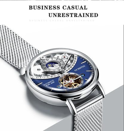 OCHSTIN Men's Stainless Steel Mesh Bracelet Watches Man High-Grade Cooktop Glass Skeleton Mechanical Flying Tourbillon Watch