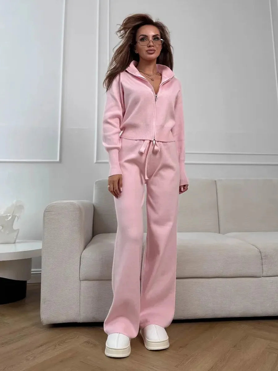 Blubelle Women's New Autumn Winter Zip Up Knit Set Trendy Slim Fit Cardigan Pants Chic Commuting Sweater Outfit