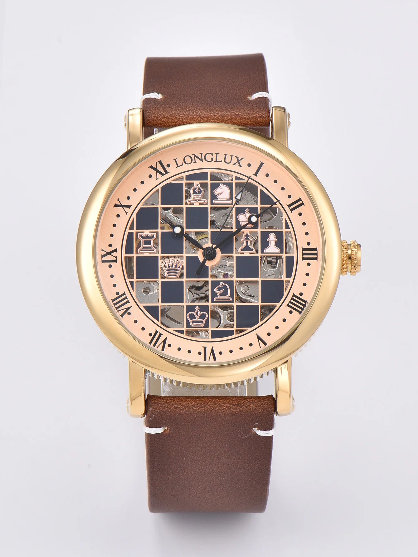 Men automatic watch chess checjerboard mechanical watches waterproof vintage business luminous skeleton leather gift for you