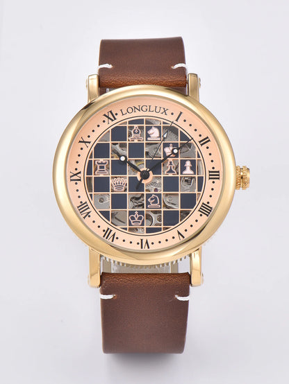 Men automatic watch chess checjerboard mechanical watches waterproof vintage business luminous skeleton leather gift for you