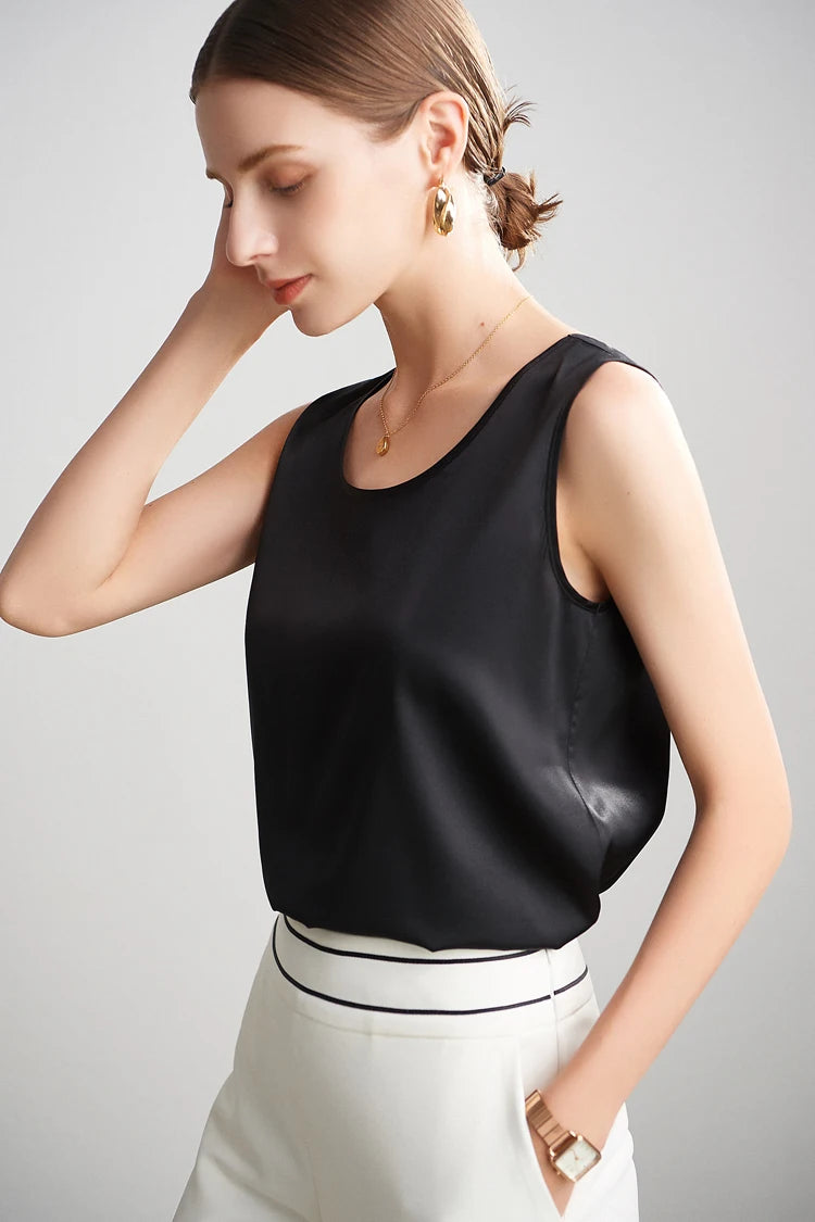 SuyaDream. Women Basic Cozy Tanks, 100%Real Silk, O neck Sleeveless Chic T Shirt, 2025 Solid Summer Vests, White, Pink, Beige