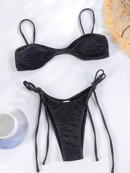 String Black Shiny Swimsuit With Ties 2025 Bikini Sexy Swimwear Women Bathing Suit Brazilian Bikini Solid Color Beachwear