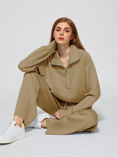 Woman Solid Color Half Zip Long Sleeve Sweatshirt and Wide Leg Pants Set Casual Sporty Two Piece Outfit