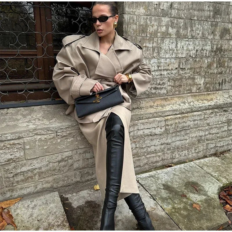 Solid Lapel Belted Windbreaker Chic Full Sleeve Button Loose Long Coat For Women 2025 New Office Lady Daily Commute Overcoats