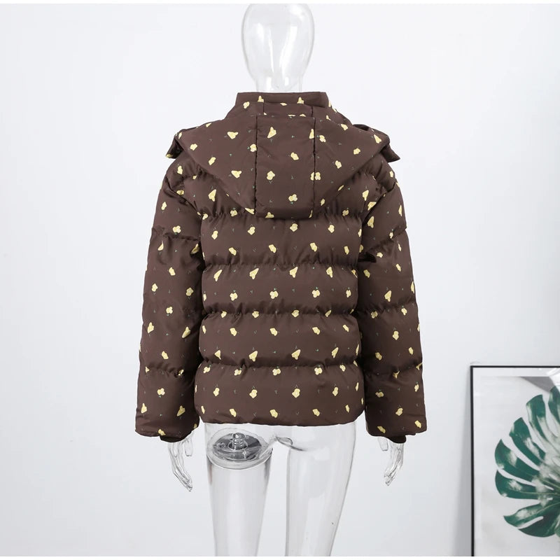 Printed Hooded Puffy Cotton Jacket Women Stand Collar Long Sleeve Zipper Loose Padded Coats 2025 Winter Lady Warm Outwear Street