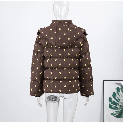 Printed Hooded Puffy Cotton Jacket Women Stand Collar Long Sleeve Zipper Loose Padded Coats 2025 Winter Lady Warm Outwear Street