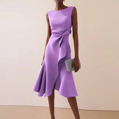 Women Crew Neck Ruffle Banquet Dress Elegant Spring Solid High Waist Slim Long Dress 2025 Summer Sleeveless A-Line Party Dresses