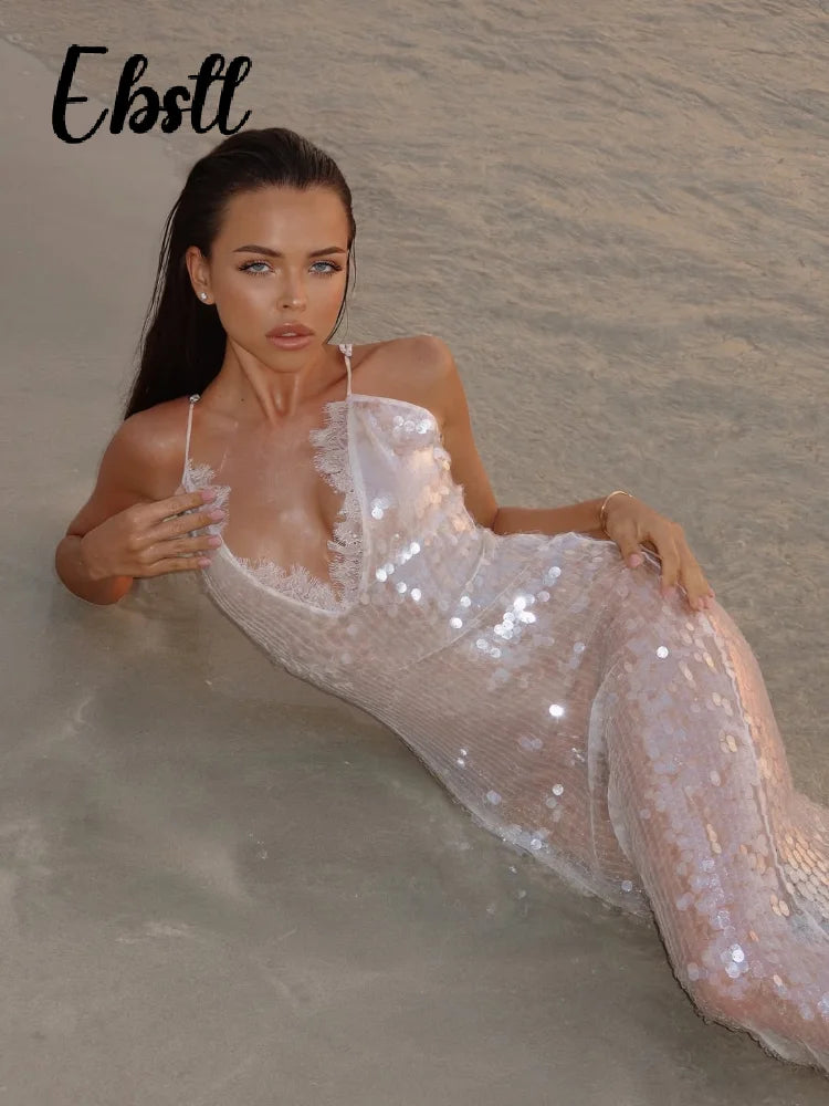 Sequins Lace Splicing Dress Women's Sexy V-veck Shiny Sleeveless Backless Sling Dresses 2026 Spring Summer New Ladies Beach Robe