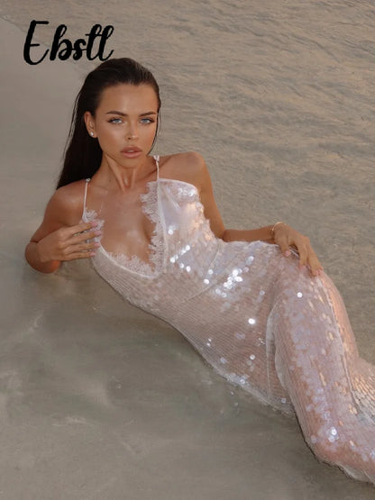 Sequins Lace Splicing Dress Women's Sexy V-veck Shiny Sleeveless Backless Sling Dresses 2026 Spring Summer New Ladies Beach Robe