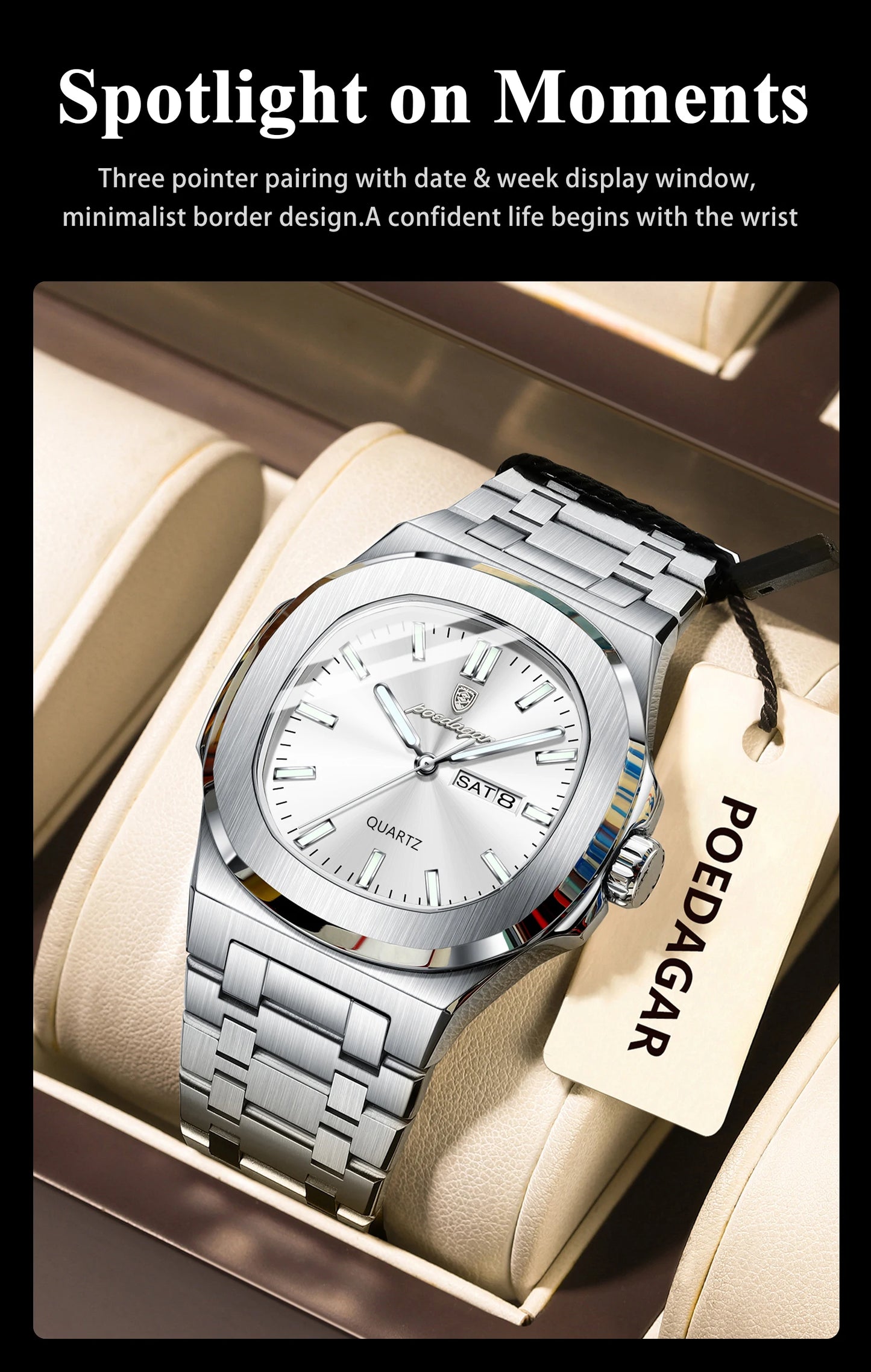 POEDAGAR Classic Square Men Wristwatch Waterproof Luminous Date Week Casual Man Clock Stainless Steel Men's Quartz Watches Reloj