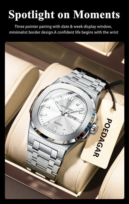 POEDAGAR Classic Square Men Wristwatch Waterproof Luminous Date Week Casual Man Clock Stainless Steel Men's Quartz Watches Reloj