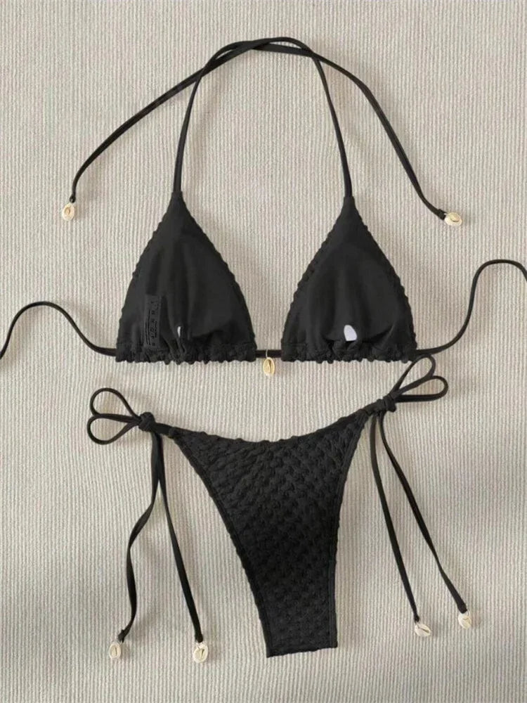 Sexy Bikini Set Shell Designer Swimsuit 2025 White Black Push Up Micro Bikinis Summer Bathing Suit Tie Side Triangle Swimwear