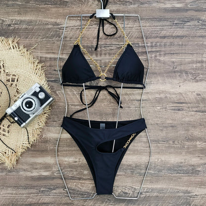 Brazilian Bikini Swimsuit for Women, Ring Linked Halter, Swimwear, Beachwear, 2025