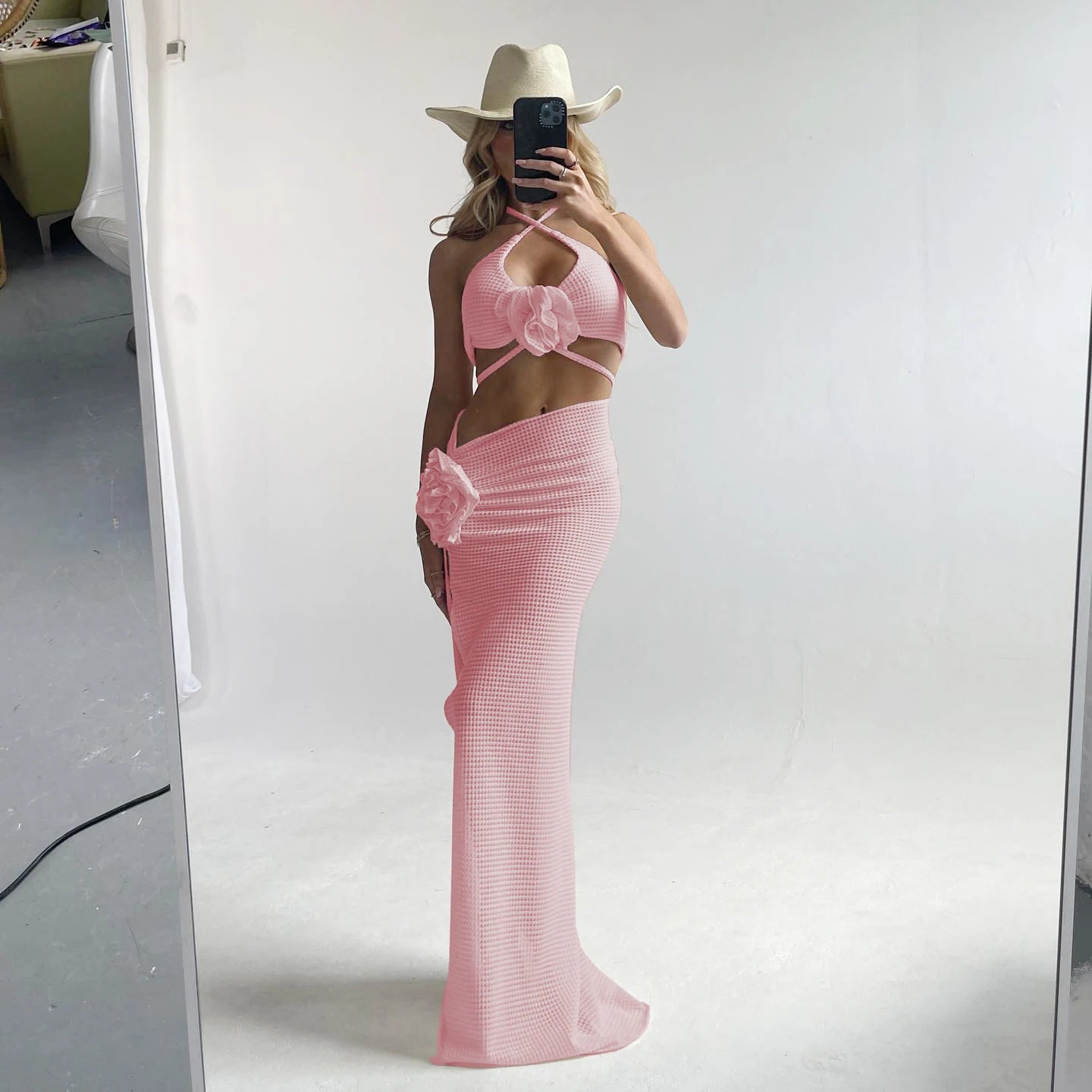 2025 3pack Bikini with Beach Skirt Swimwear Women 3D Flower Swimsuit Halter Bathing Suit Beachwear Bikini Set Biquini