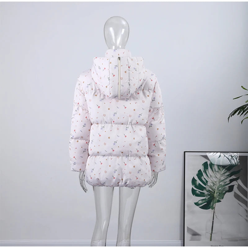 Printed Hooded Puffy Cotton Jacket Women Stand Collar Long Sleeve Zipper Loose Padded Coats 2025 Winter Lady Warm Outwear Street