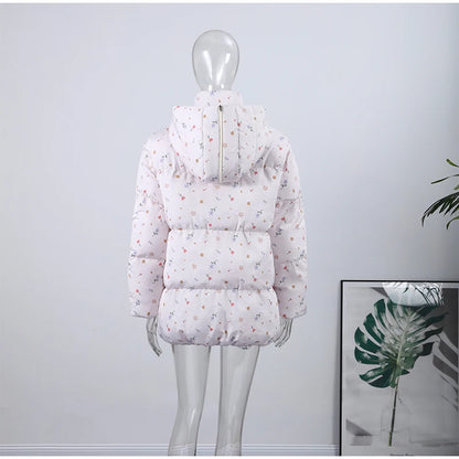 Printed Hooded Puffy Cotton Jacket Women Stand Collar Long Sleeve Zipper Loose Padded Coats 2025 Winter Lady Warm Outwear Street